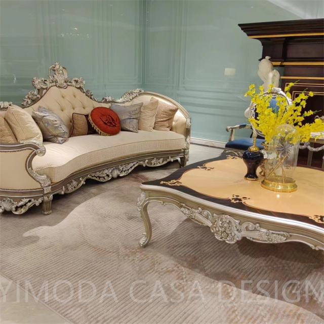 European Classic Antique Sofa Set American Style 1 2 3 Seater Carving Wooden Sofa Luxury Hotel Lobby Villa silver carved chesterfield Leather Sofa