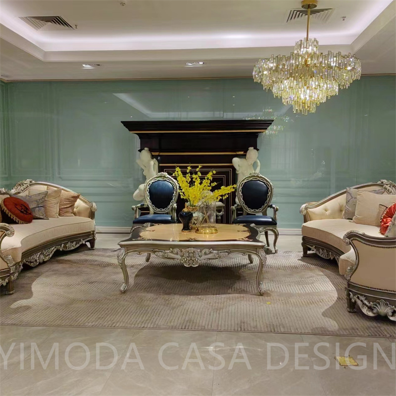 European Classic Antique Sofa Set American Style 1 2 3 Seater Carving Wooden Sofa Luxury Hotel Lobby Villa silver carved chesterfield Leather Sofa