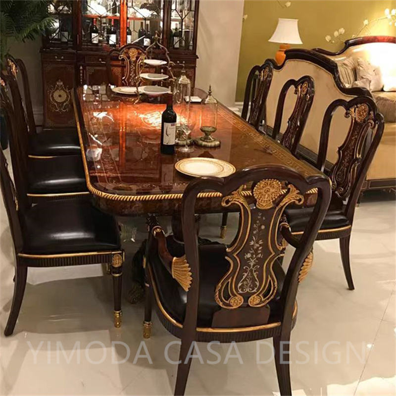 Antique Rectangular Dining Table Set with 6 Chairs Solid Wood Teak Rectangular Luxury Brown natural wood veneer Dining Room Furniture
