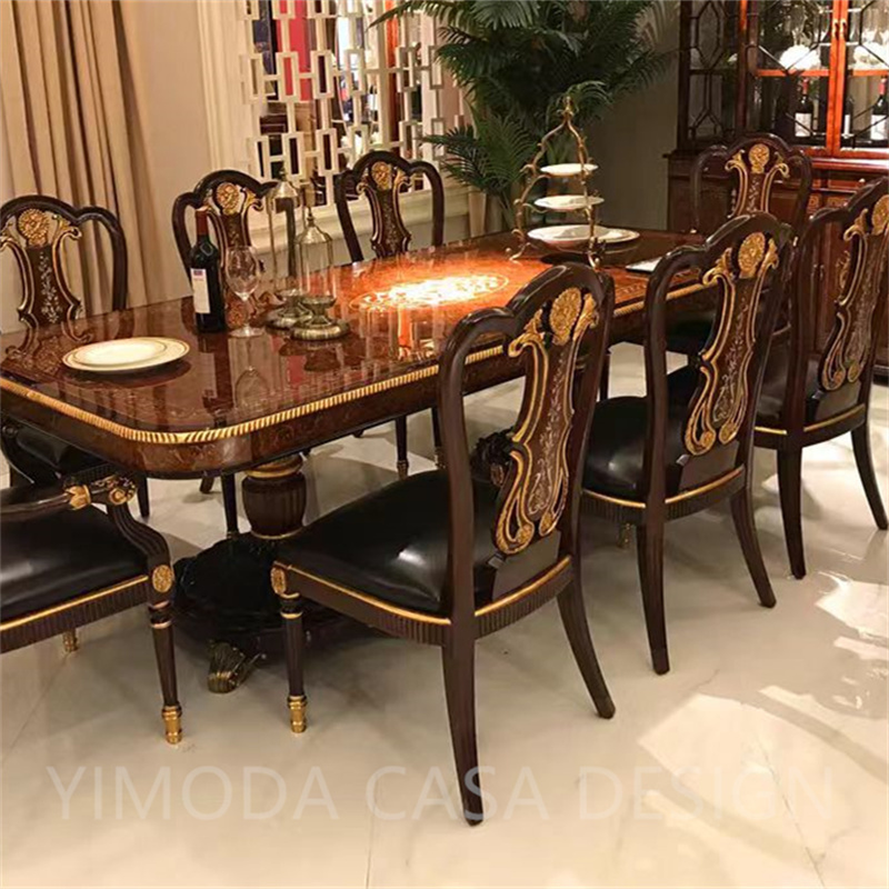 Antique Rectangular Dining Table Set with 6 Chairs Solid Wood Teak Rectangular Luxury Brown natural wood veneer Dining Room Furniture