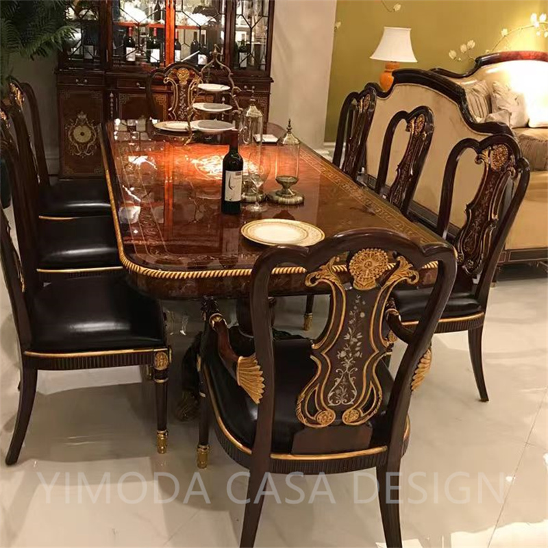 Antique Rectangular Dining Table Set with 6 Chairs Solid Wood Teak Rectangular Luxury Brown natural wood veneer Dining Room Furniture