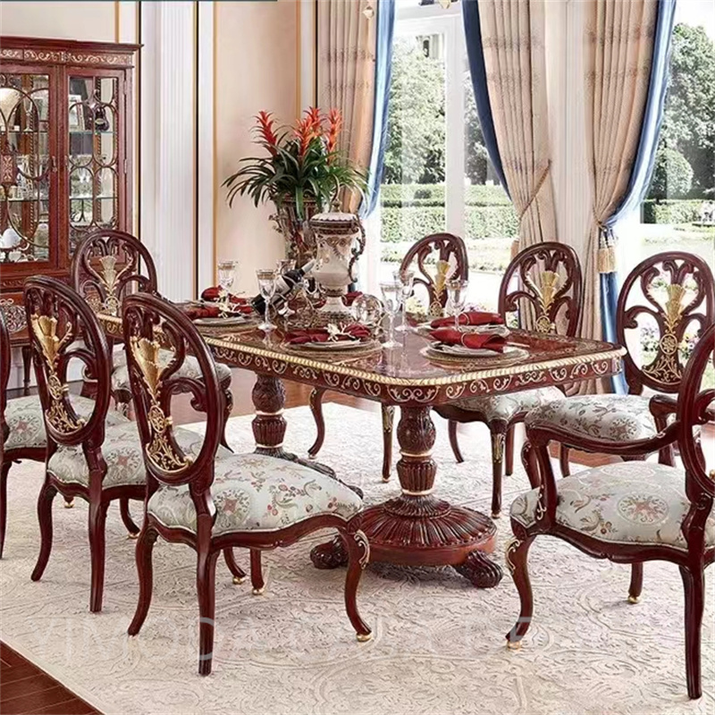Classic Royal Brown Antique Gold Hand Carved Dining Table Flowers inlaid With Chairs French Solid Wood Dining Table 8 Seater