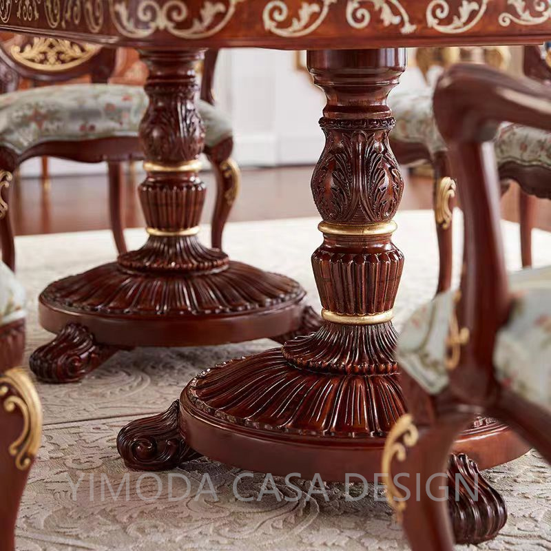 Classic Royal Brown Antique Gold Hand Carved Dining Table Flowers inlaid With Chairs French Solid Wood Dining Table 8 Seater
