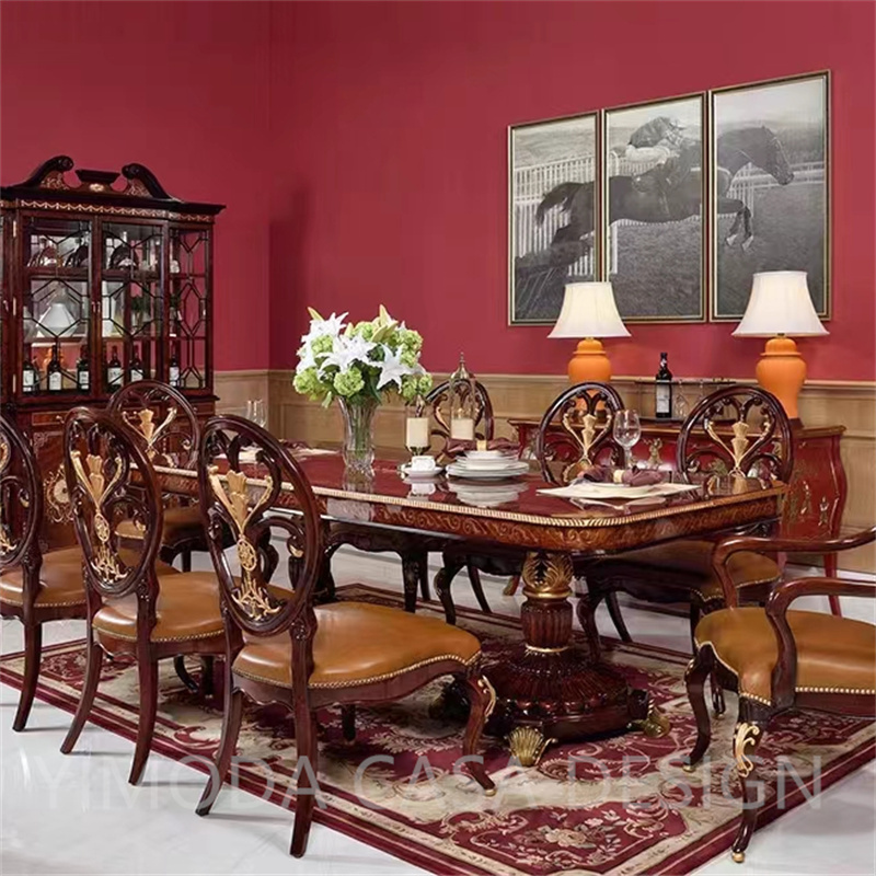 French Luxury Traditional European Royal Style Brown Lacquer Solid Wood Hand Carved 8 Seater Long Rectangular Dining Table for Hotels & Villas