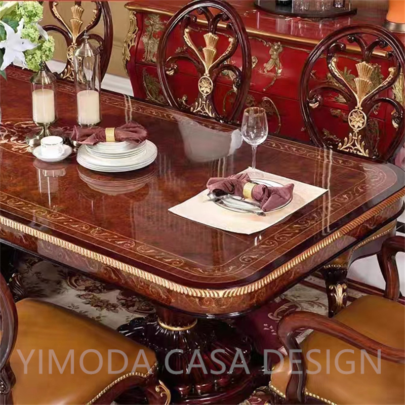 French Luxury Traditional European Royal Style Brown Lacquer Solid Wood Hand Carved 8 Seater Long Rectangular Dining Table for Hotels & Villas
