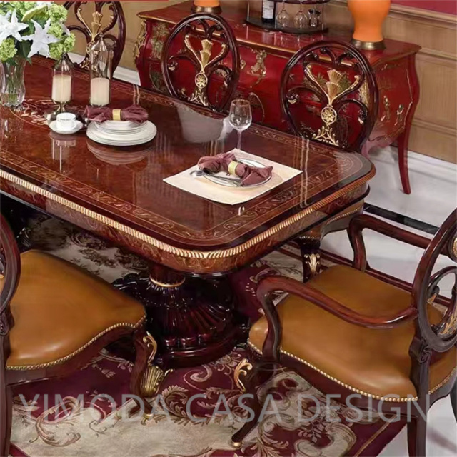 French Luxury Traditional European Royal Style Brown Lacquer Solid Wood Hand Carved 8 Seater Long Rectangular Dining Table for Hotels & Villas
