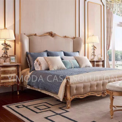 Luxury Bed Classic French Beige Leather Antique Painted Brown Solid Mahogany Wood King Size Antique Wood Furniture Handmade