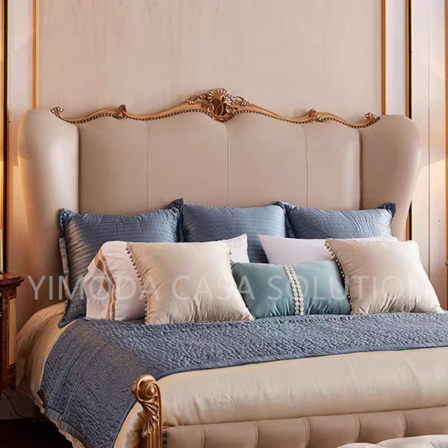 Luxury Bed Classic French Beige Leather Antique Painted Brown Solid Mahogany Wood King Size Antique Wood Furniture Handmade