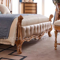 Luxury Bed Classic French Beige Leather Antique Painted Brown Solid Mahogany Wood King Size Antique Wood Furniture Handmade