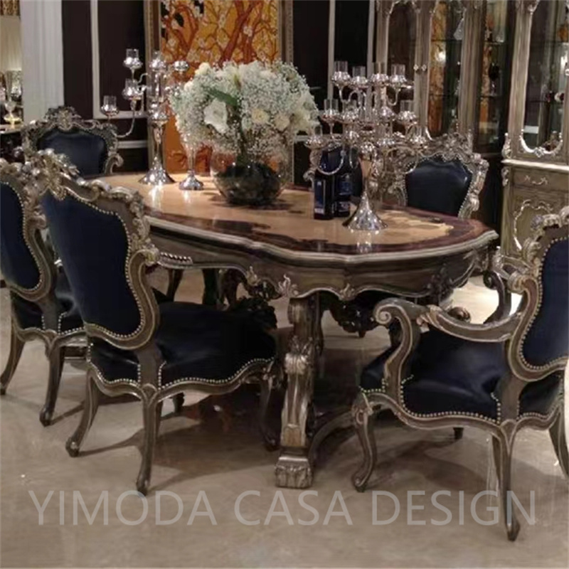 French Luxury Antique Rectangular Dining Table Carved Solid Mahogany Wood with Silver Leaf Classic Dining table set Hotel and Kitchen Furniture