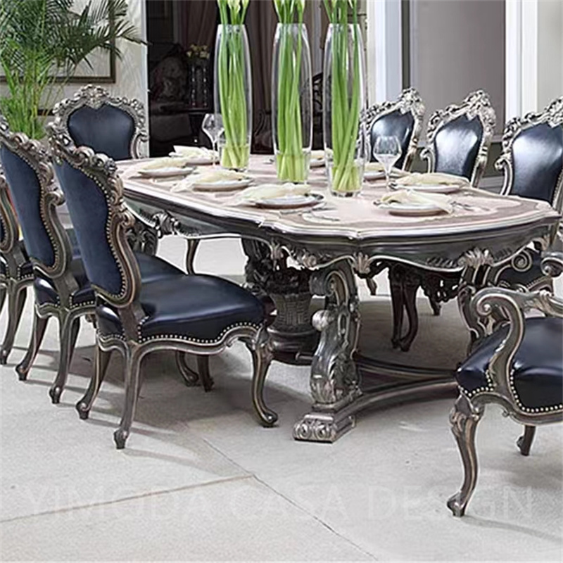 French Luxury Antique Rectangular Dining Table Carved Solid Mahogany Wood with Silver Leaf Classic Dining table set Hotel and Kitchen Furniture