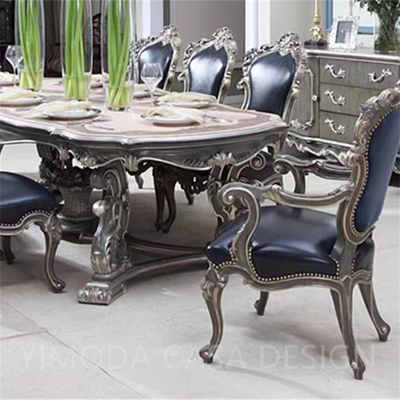 French Luxury Antique Rectangular Dining Table Carved Solid Mahogany Wood with Silver Leaf Classic Dining table set Hotel and Kitchen Furniture