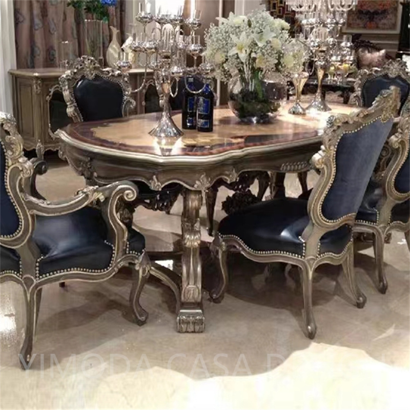 French Luxury Antique Rectangular Dining Table Carved Solid Mahogany Wood with Silver Leaf Classic Dining table set Hotel and Kitchen Furniture