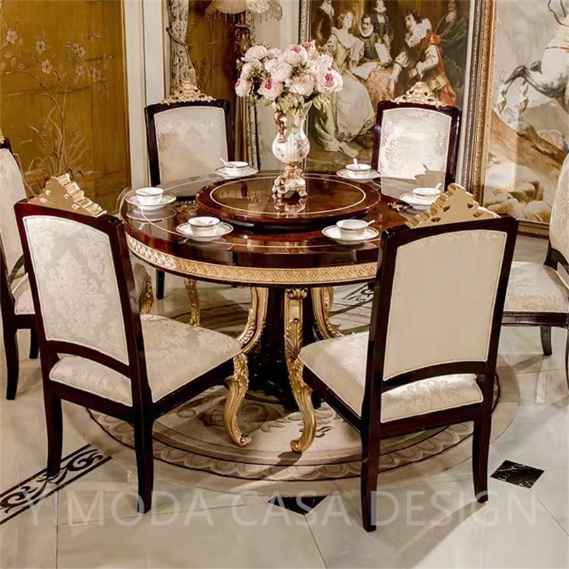 Round Shape Luxurious Dining Table Set Antique Gold Carved Dining Table Furniture Wooden Brown Teak Wood Dining Furniture