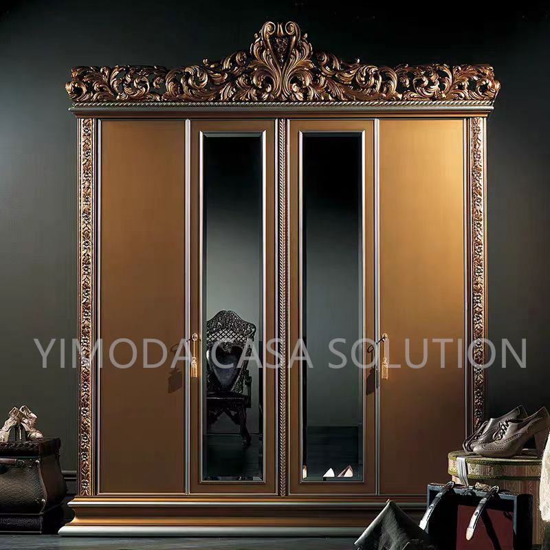 European Classic Antique Design Golden Carved wardrobe Vanities Solid Wood Furniture With Golden Cloth Storage Cabinets For Hotels And Villas