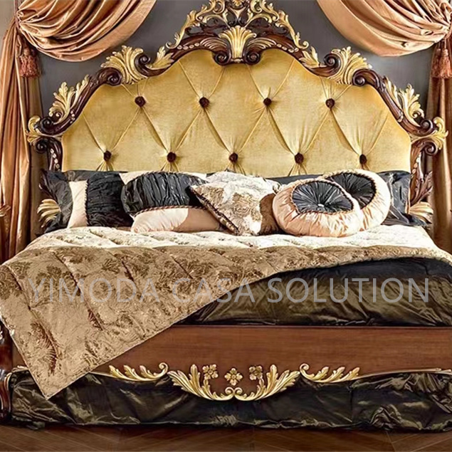 High Quality Antique Carved Birch Wood French Chesterfield yellow fabric King Bedroom Furniture Soft Bed with yellow tufted Upholstery bedroom set