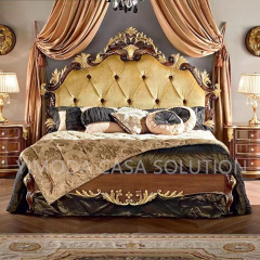 High Quality Antique Carved Birch Wood French Chesterfield yellow fabric King Bedroom Furniture Soft Bed with yellow tufted Upholstery bedroom set