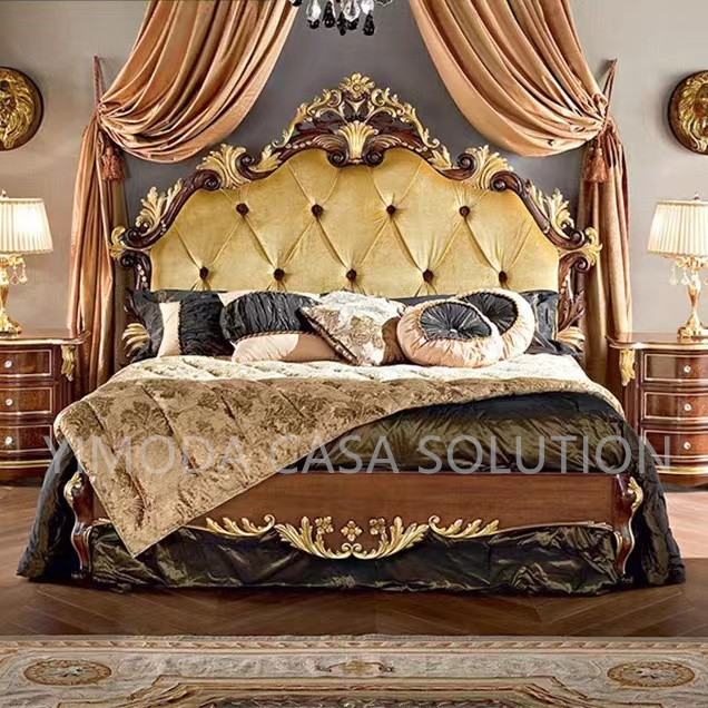 High Quality Antique Carved Birch Wood French Chesterfield yellow fabric King Bedroom Furniture Soft Bed with yellow tufted Upholstery bedroom set