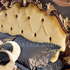 High Quality Antique Carved Birch Wood French Chesterfield yellow fabric King Bedroom Furniture Soft Bed with yellow tufted Upholstery bedroom set