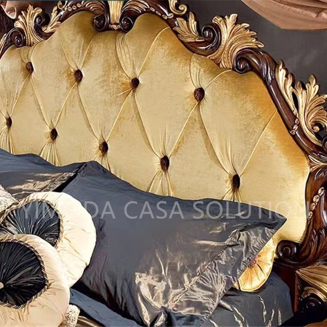 High Quality Antique Carved Birch Wood French Chesterfield yellow fabric King Bedroom Furniture Soft Bed with yellow tufted Upholstery bedroom set