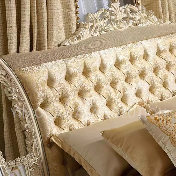 French Carving King Size Yellow tufted fabric Beds for Home Traditional Teak Wood Hand Carved Beds Beige Wooden Carved Double Bed