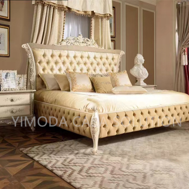 French Carving King Size Yellow tufted fabric Beds for Home Traditional Teak Wood Hand Carved Beds Beige Wooden Carved Double Bed