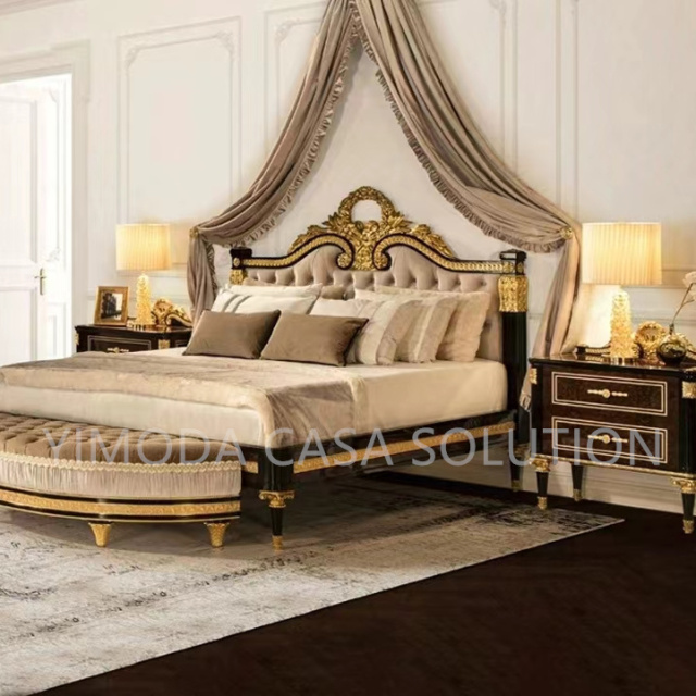 Luxury Antique French Style Chesterfield beige velvet fabric Bedroom Furniture Black Golden Solid Wood Carved Double tufted beige Wedding Bed Royal Bed