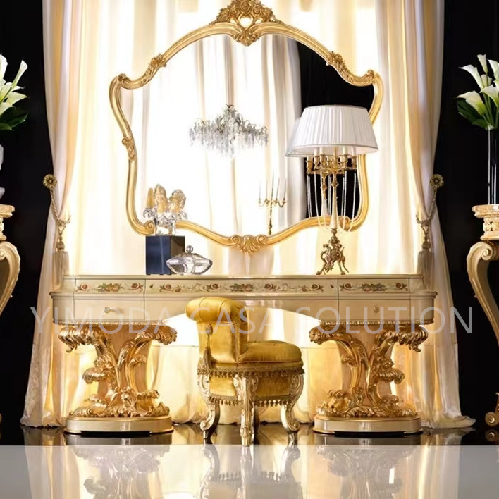 Classical Luxury Classical Golden Color Hand Painting Royal Bed Furniture Antique Elegant Beige flower inlaid King Size Bed Room Furniture