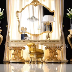 Classical Luxury Classical Golden Color Hand Painting Royal Bed Furniture Antique Elegant Beige flower inlaid King Size Bed Room Furniture