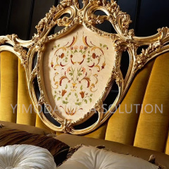 Classical Luxury Classical Golden Color Hand Painting Royal Bed Furniture Antique Elegant Beige flower inlaid King Size Bed Room Furniture