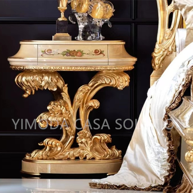 Classical Luxury Classical Golden Color Hand Painting Royal Bed Furniture Antique Elegant Beige flower inlaid King Size Bed Room Furniture