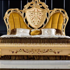 Classical Luxury Classical Golden Color Hand Painting Royal Bed Furniture Antique Elegant Beige flower inlaid King Size Bed Room Furniture