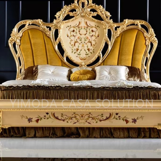 Classical Luxury Classical Golden Color Hand Painting Royal Bed Furniture Antique Elegant Beige flower inlaid King Size Bed Room Furniture