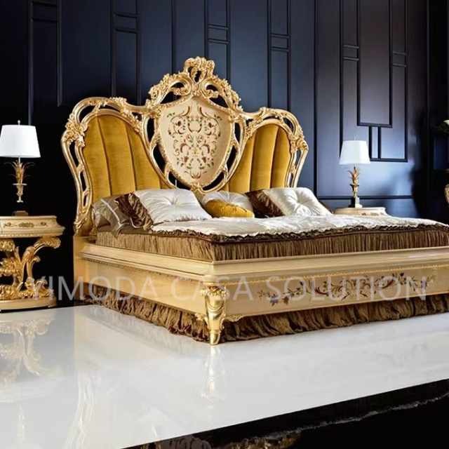 Classical Luxury Classical Golden Color Hand Painting Royal Bed Furniture Antique Elegant Beige flower inlaid King Size Bed Room Furniture