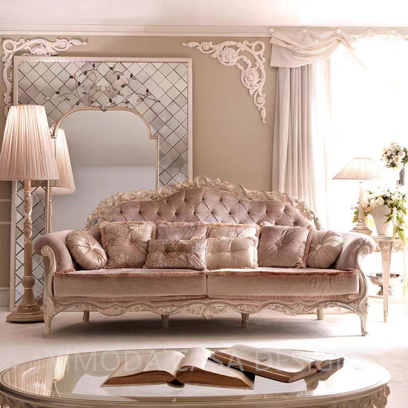 Classic French Antiqued Wood Sectional Chesterfield Sofa Set Hand Carved Pink Customized chesterfiled Fabric sofa for Living Room or Hotel/Villa Use