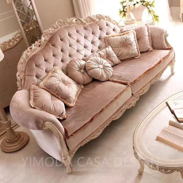 Classic French Antiqued Wood Sectional Chesterfield Sofa Set Hand Carved Pink Customized chesterfiled Fabric sofa for Living Room or Hotel/Villa Use