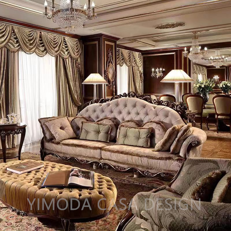 European Italian Classical Antique Living Room Furniture Brown Grey Wood Carved Royal Luxury Sofa Set