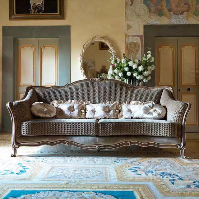 European Italian Classical Antique Living Room Furniture Brown Grey Wood Carved Royal Luxury Sofa Set