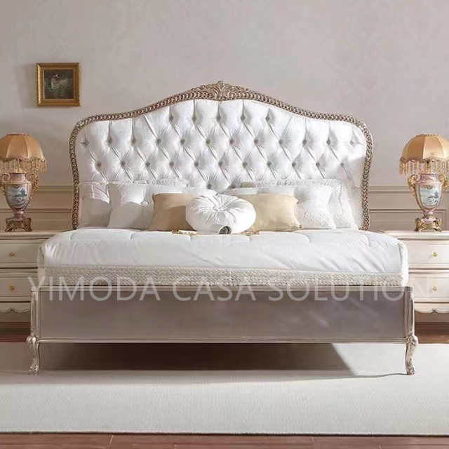 Custom Luxury Antique French Style European Golden foil Solid Wood Carved white tufted Bedroom Furniture king Size Royal Bed