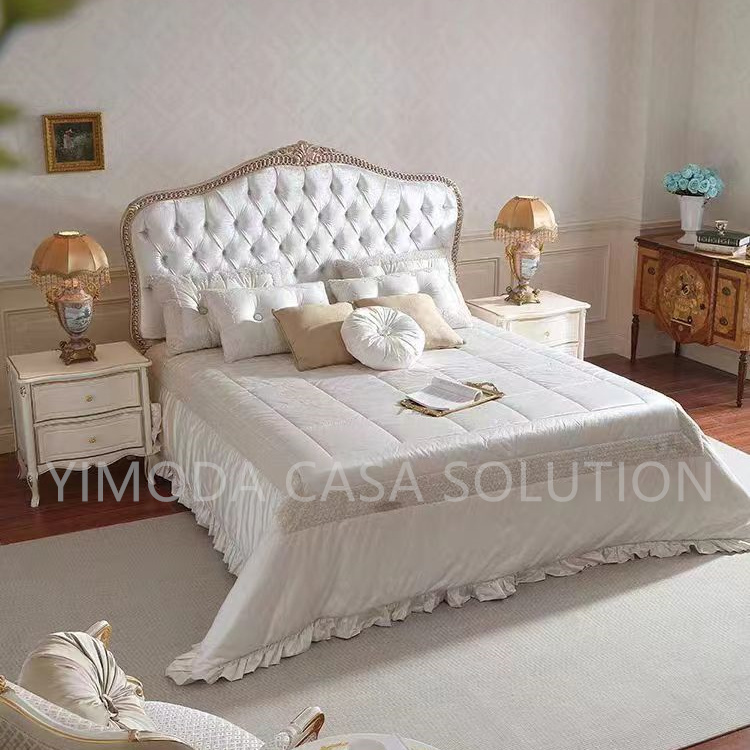 Custom Luxury Antique French Style European Golden foil Solid Wood Carved white tufted Bedroom Furniture king Size Royal Bed