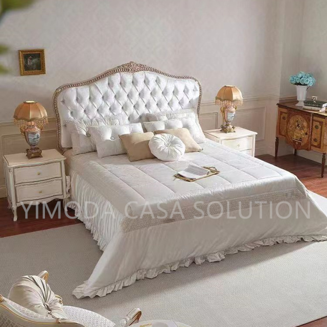 Custom Luxury Antique French Style European Golden foil Solid Wood Carved white tufted Bedroom Furniture king Size Royal Bed