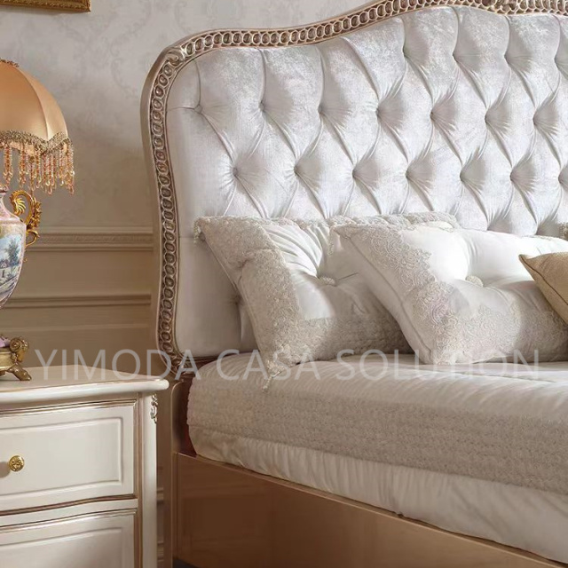 Custom Luxury Antique French Style European Golden foil Solid Wood Carved white tufted Bedroom Furniture king Size Royal Bed