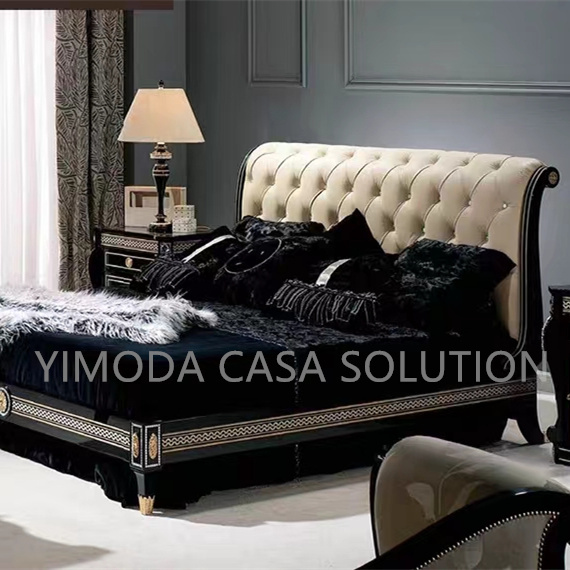 Antique European Style Luxury Chesterfield beige leather Bed European Traditional Style Bed Leather Carved Wood Beige tufted Bed Furniture