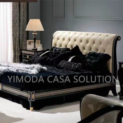 Antique European Style Luxury Chesterfield beige leather Bed European Traditional Style Bed Leather Carved Wood Beige tufted Bed Furniture