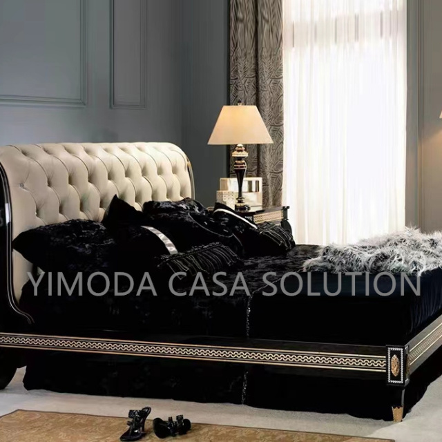 Antique European Style Luxury Chesterfield beige leather Bed European Traditional Style Bed Leather Carved Wood Beige tufted Bed Furniture