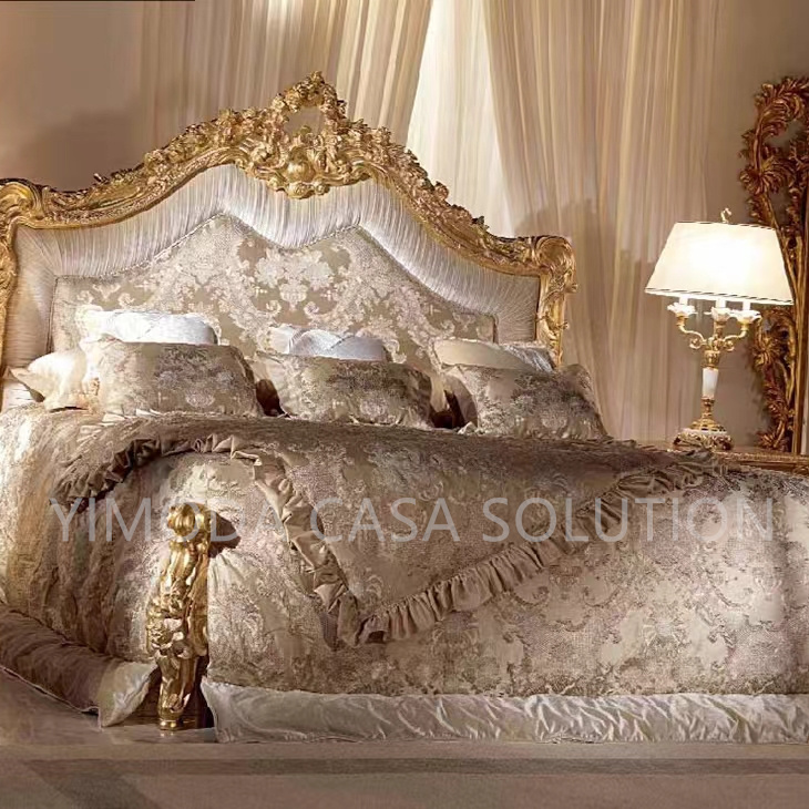 European Antique Design Bedroom Furniture Luxury French Classic Wooden Bedroom Sets Storage Function Royal Golden King Size Bed