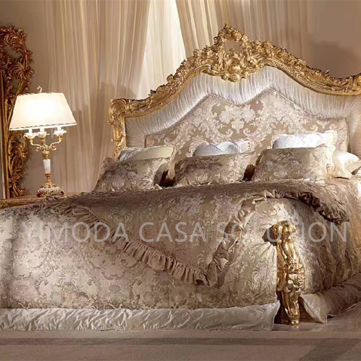 European Antique Design Bedroom Furniture Luxury French Classic Wooden Bedroom Sets Storage Function Royal Golden King Size Bed