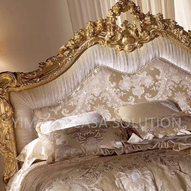 European Antique Design Bedroom Furniture Luxury French Classic Wooden Bedroom Sets Storage Function Royal Golden King Size Bed