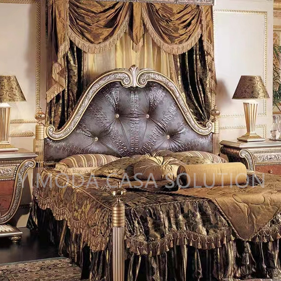 Custom Luxury Antique French Style Bedroom Furniture European Solid Wood Carved Double Purple Chesterfield Leather Wedding Bed king Size Royal Bed