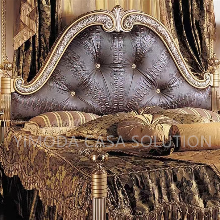 Custom Luxury Antique French Style Bedroom Furniture European Solid Wood Carved Double Purple Chesterfield Leather Wedding Bed king Size Royal Bed